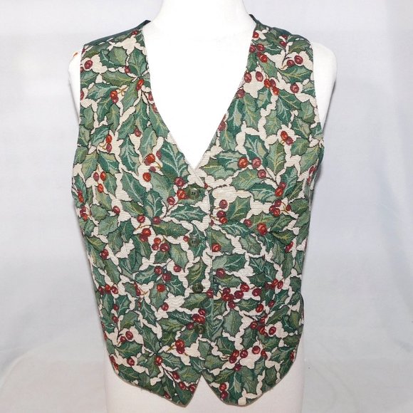 Vintage Northern Traditions Womens L Green Christmas Holly Tapestry Vest - Picture 1 of 9